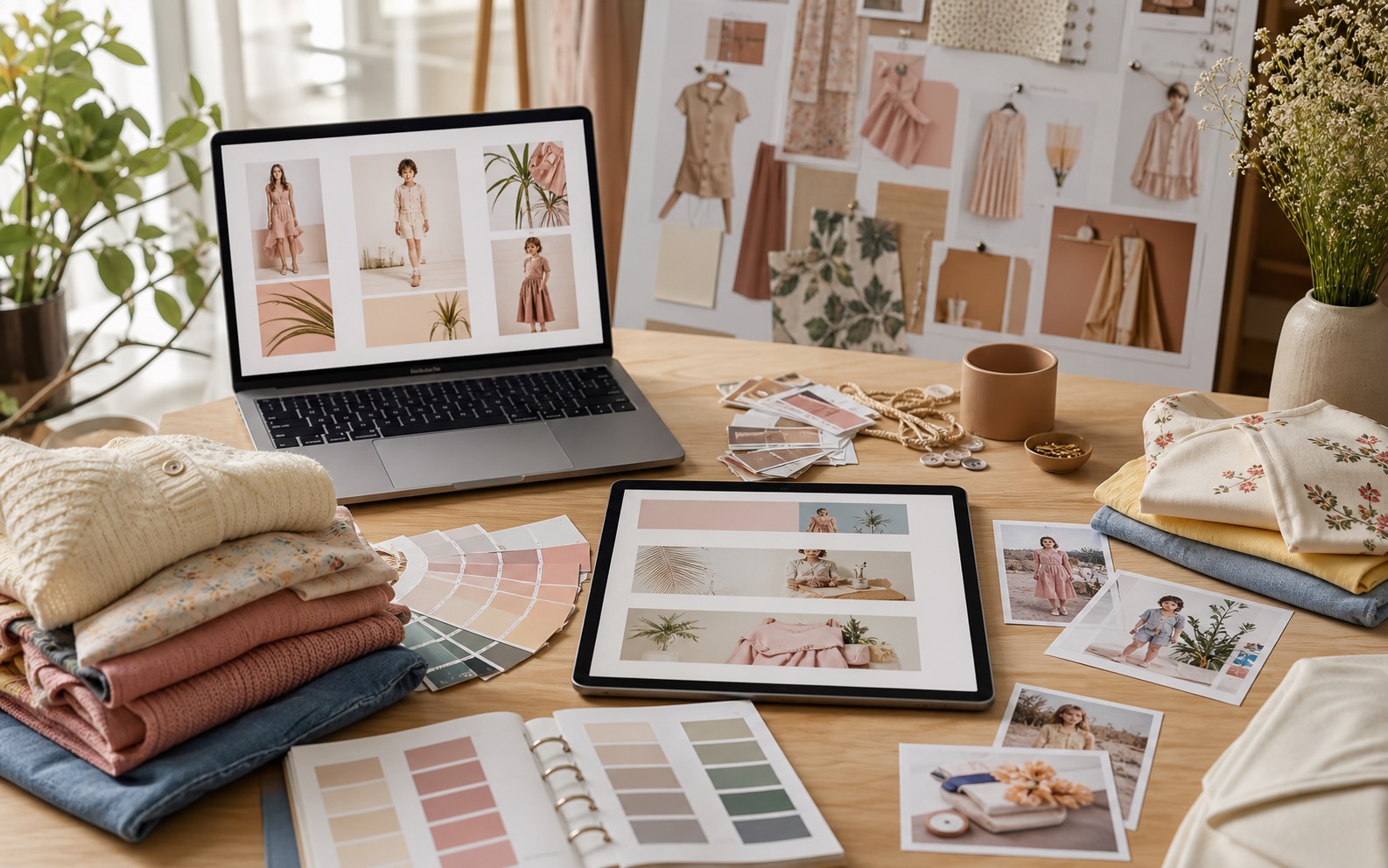 Mesa de estudio con moodboard, tablet, portátil, muestras de color y prendas de moda para planificar imágenes de campaña con IA