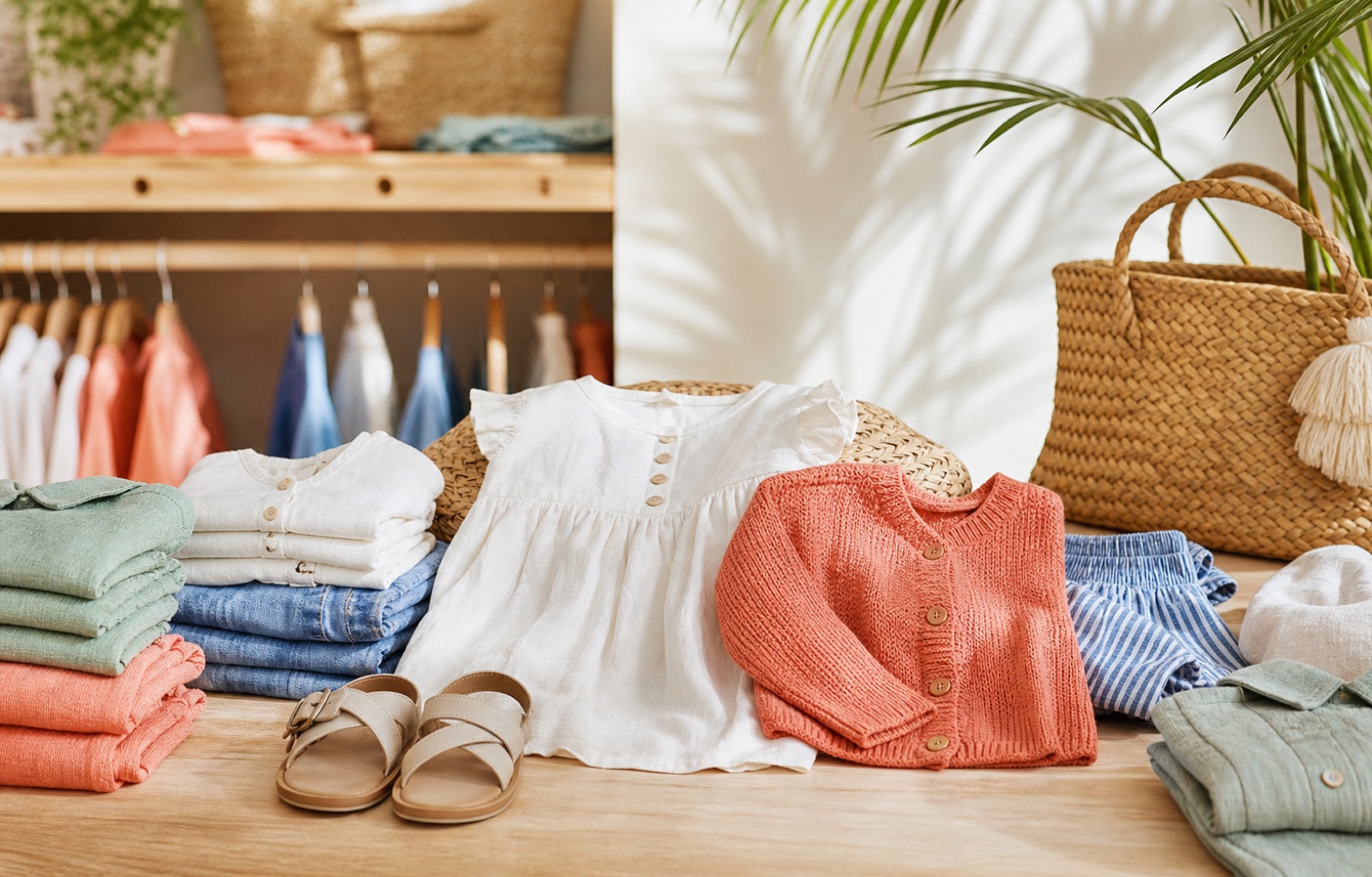 Mesa de boutique infantil en Las Palmas con vestido blanco, cárdigan coral, prendas de algodón, sandalias y bolso de rafia