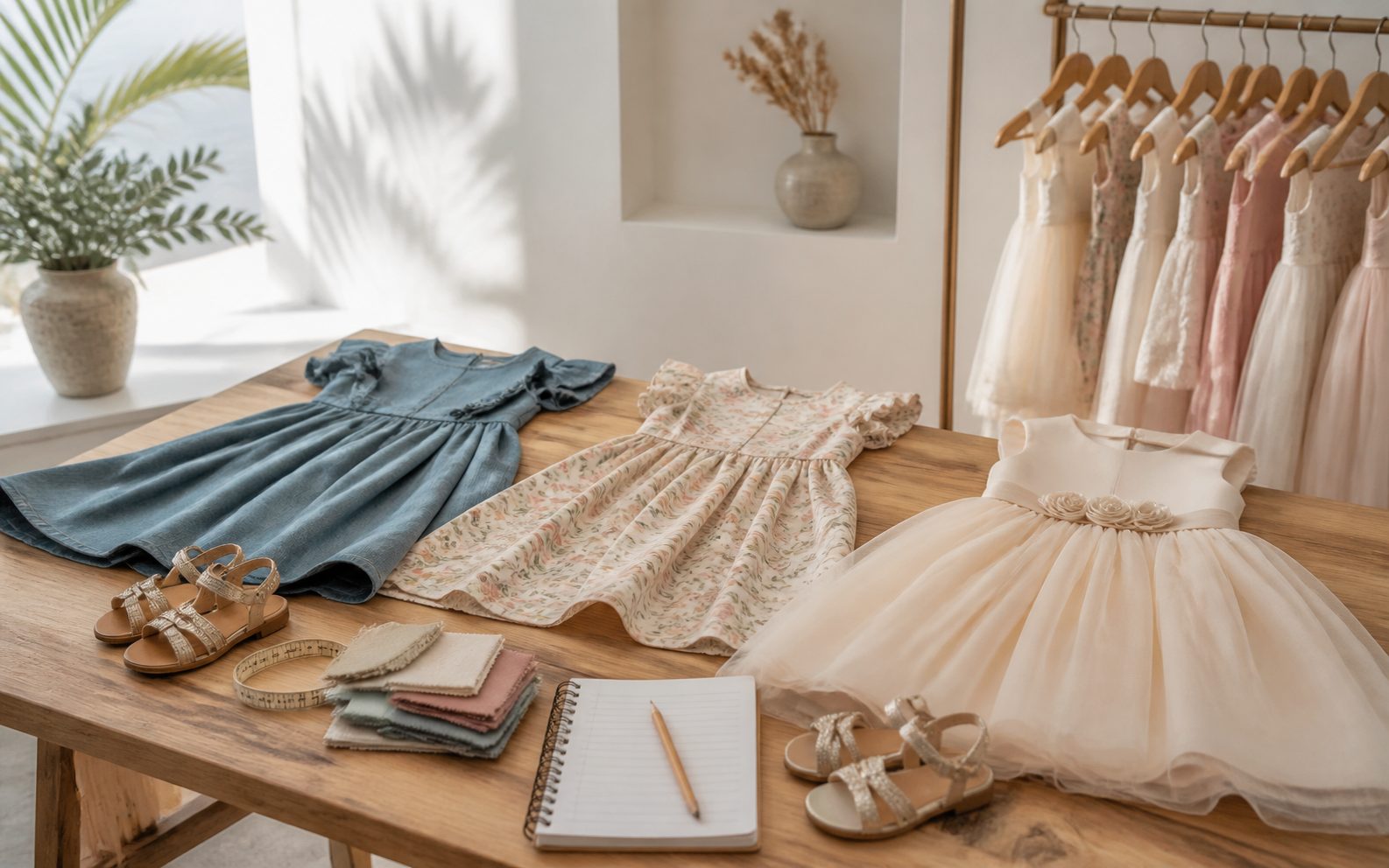 Mesa de boutique con vestidos de niña, sandalias, muestras de tejido y cuaderno de tallas para comprar en Canarias
