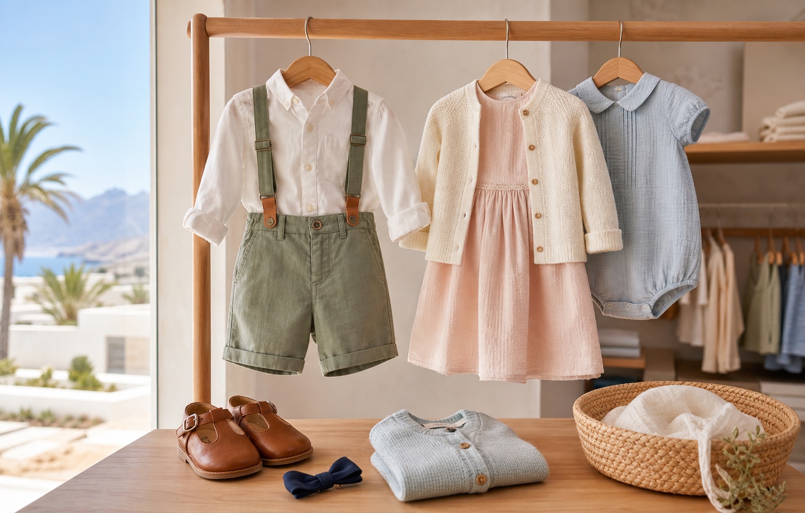 Conjuntos infantiles para eventos con camisa de lino, tirantes, vestido pastel, cárdigan, pelele de bebé y zapatos de piel en una boutique luminosa