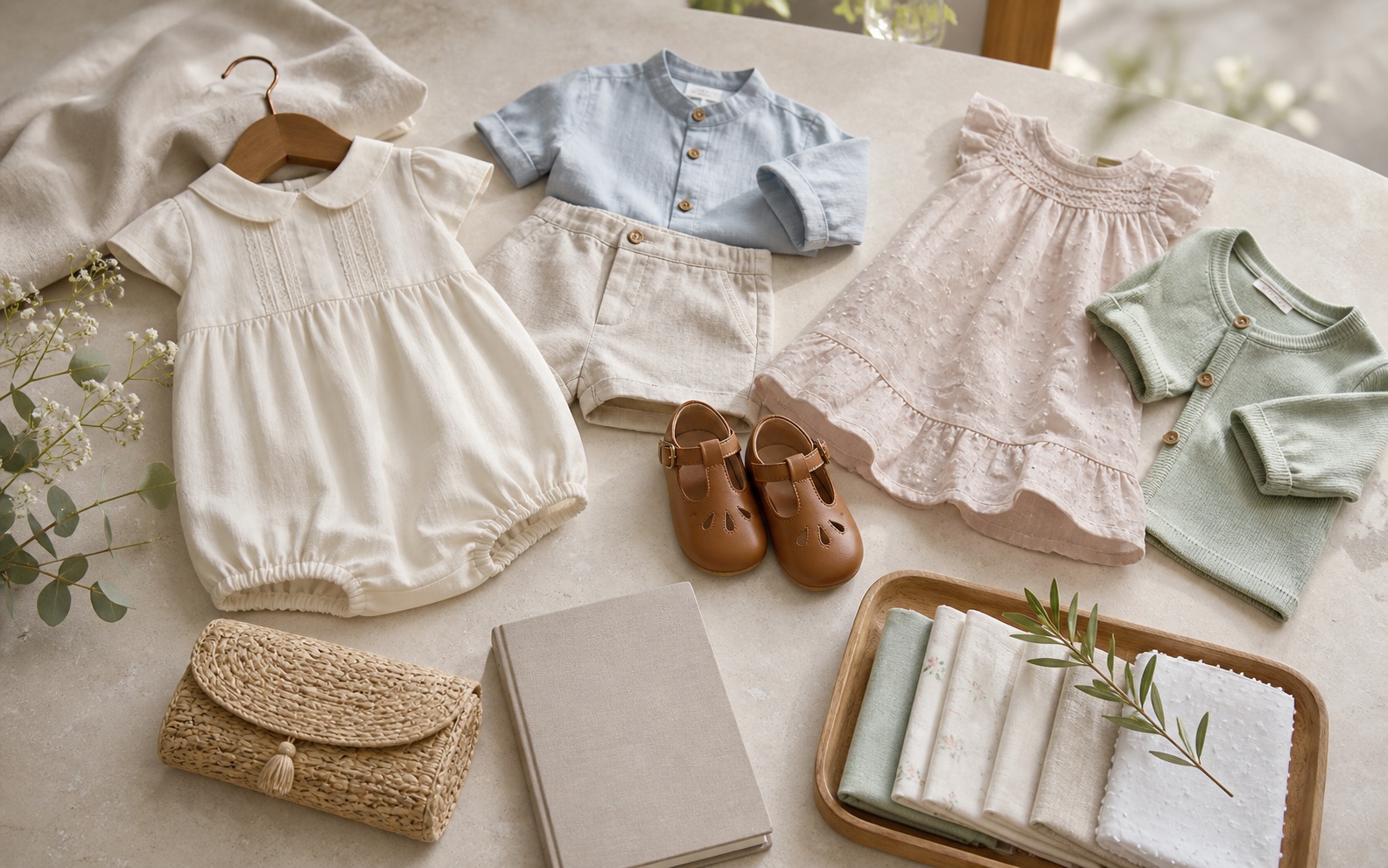 Mesa de boutique con pelele, camisa de lino, vestido infantil, cárdigan, zapatos, bolso de rafia y muestras textiles para looks de bautizo