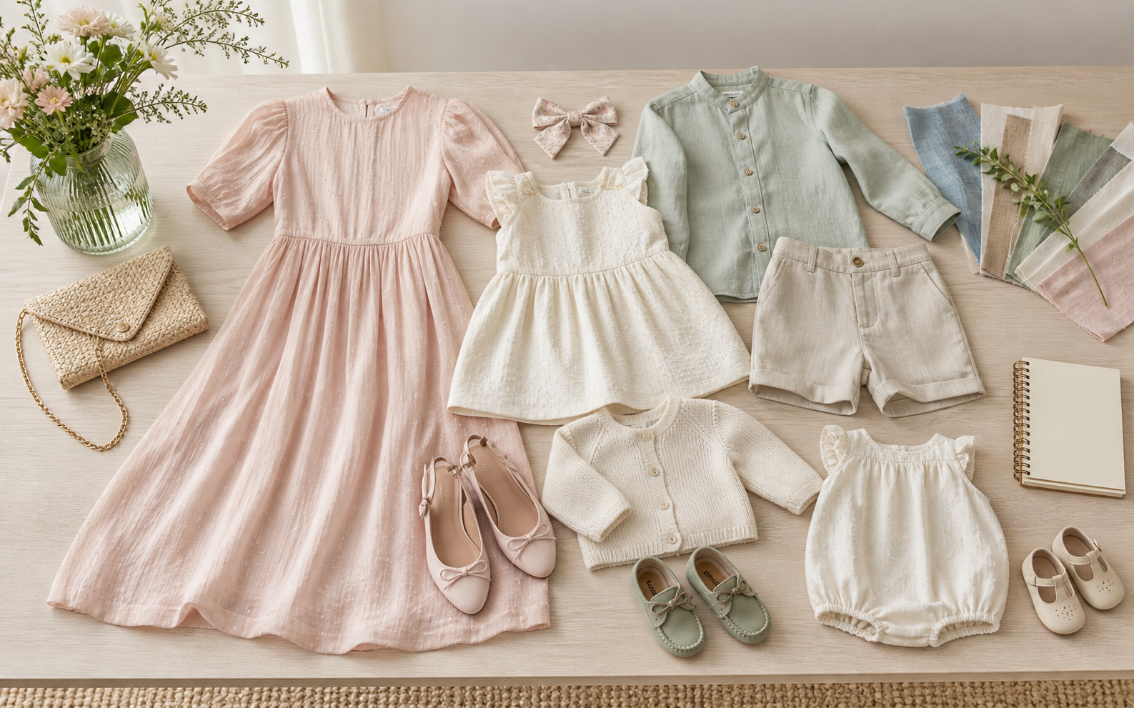 Mesa de boutique con vestido pastel de mujer, vestido infantil, camisa de lino, pelele de bebé, cárdigan y muestras textiles para coordinar looks familiares de celebración