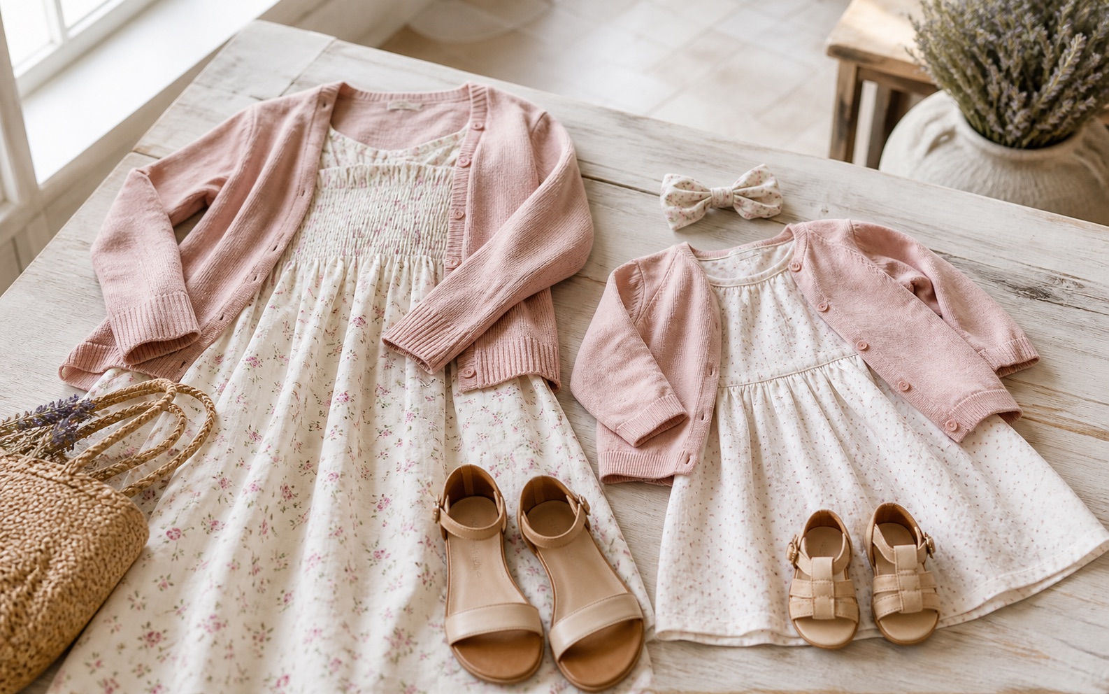 Dos vestidos coordinados madre e hija con cardigans rosas, sandalias y lazo sobre una mesa de boutique luminosa