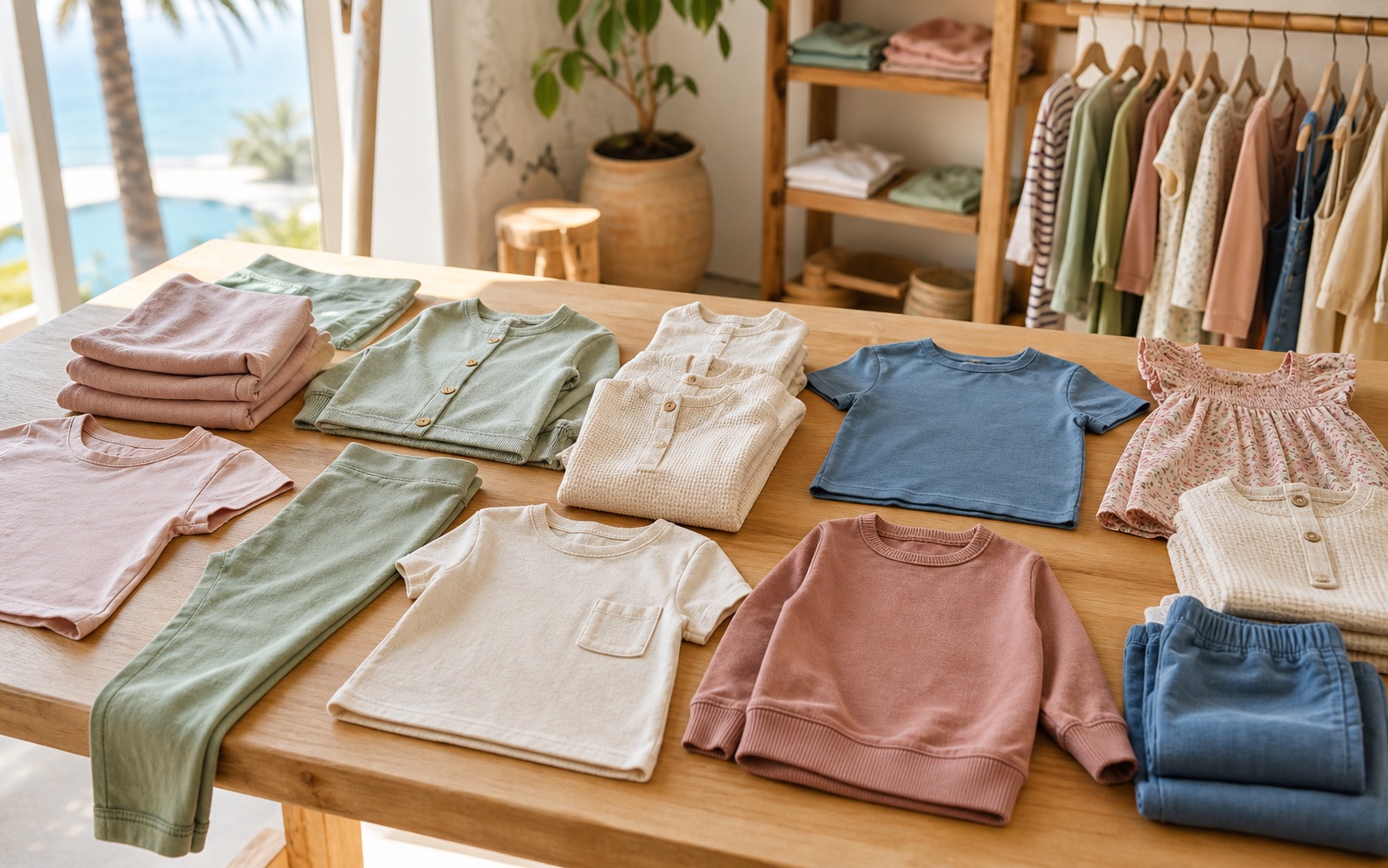 Selección de ropa infantil cómoda en algodón, punto, denim y vestidos sobre una mesa de boutique luminosa
