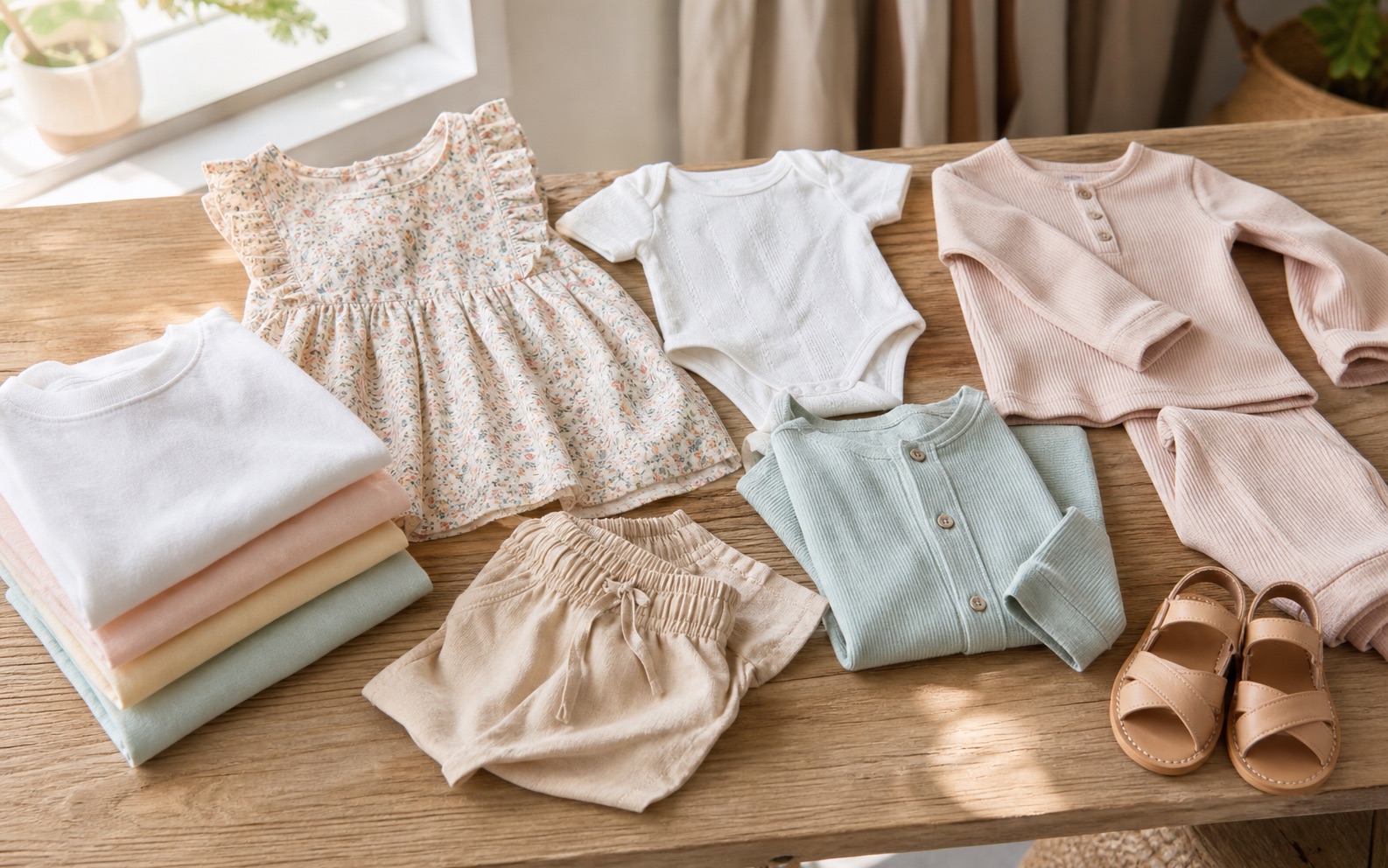Prendas infantiles de algodón dobladas sobre una mesa de madera con vestido, body, camisetas, shorts, pijama y sandalias