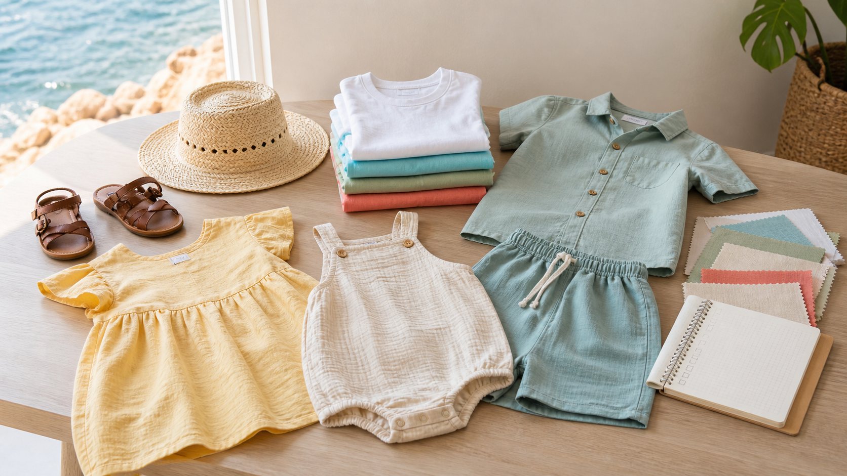Mesa luminosa con camisetas de algodón, camisa de lino, shorts, vestido, pelele de muselina, sombrero y sandalias para niños en clima cálido