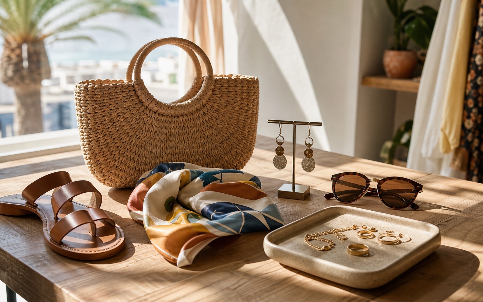 Selección de complementos de moda en una boutique luminosa de Las Palmas con bolso de rafia, pañuelo, pendientes, gafas y sandalias