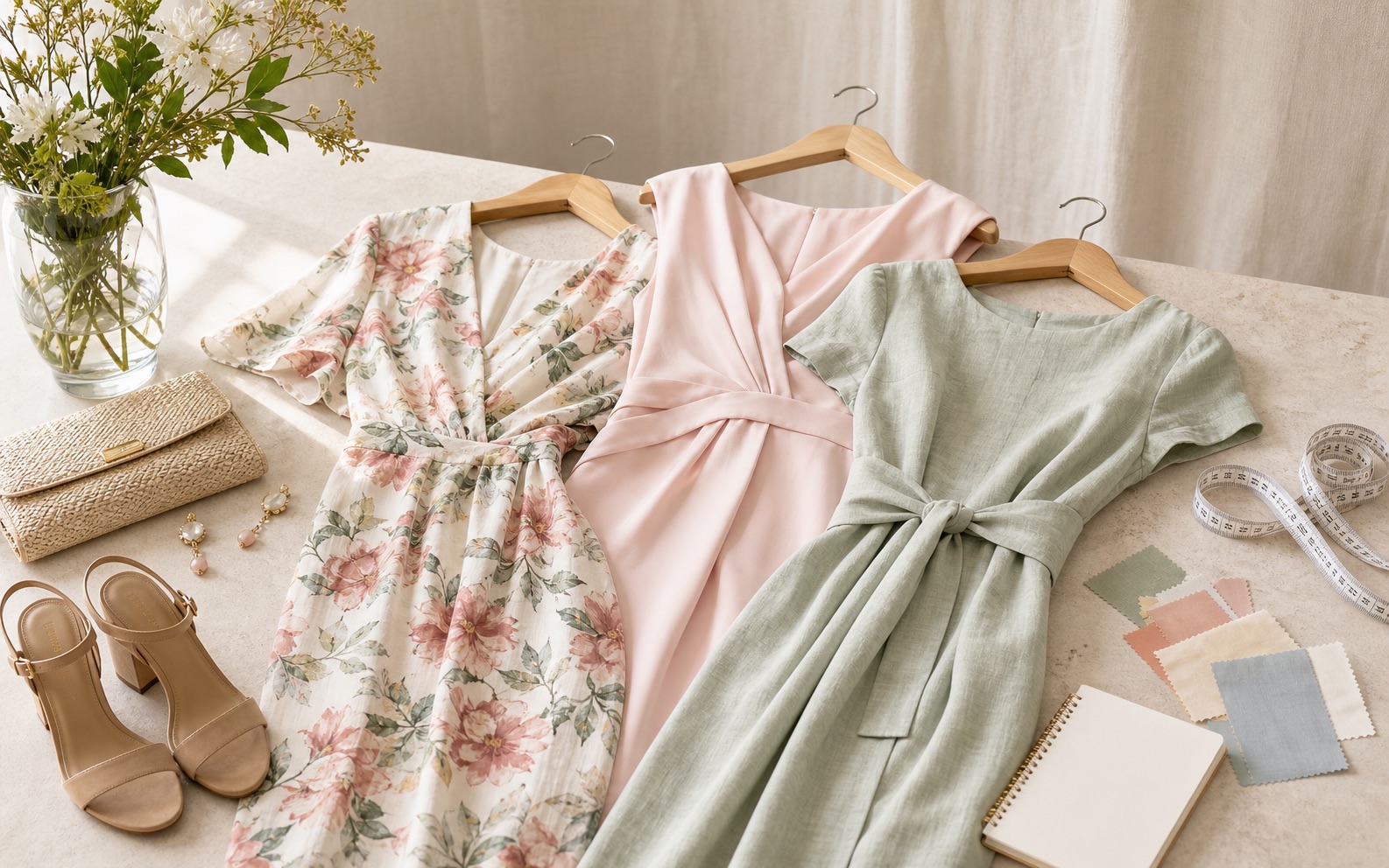 Vestidos de invitada para comunión en tonos pastel con sandalias, clutch, pendientes, muestras de tejido y cuaderno de estilo