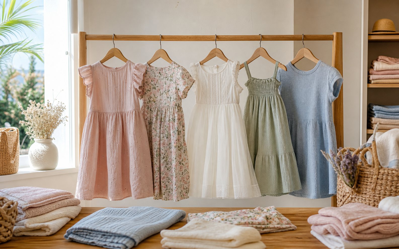 Selección de vestidos de niña en algodón, ceremonia, flores y punto en una boutique luminosa