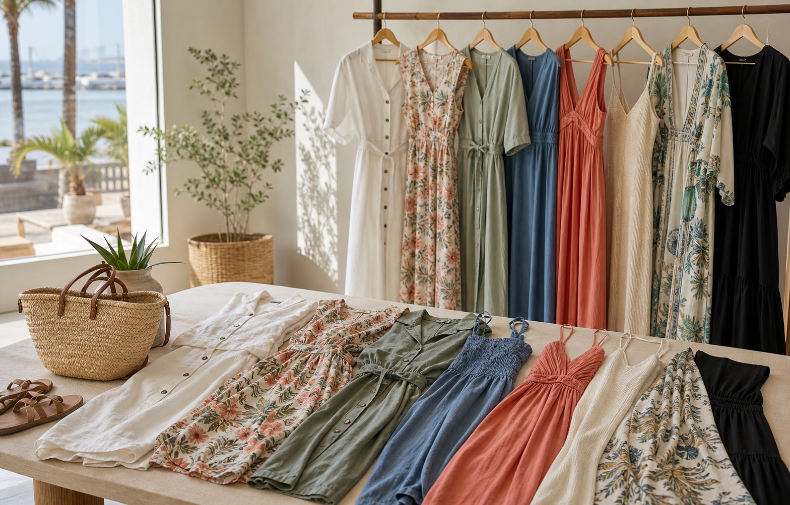 Selección de vestidos de mujer para clima canario en una boutique luminosa junto a un bolso de rafia y sandalias