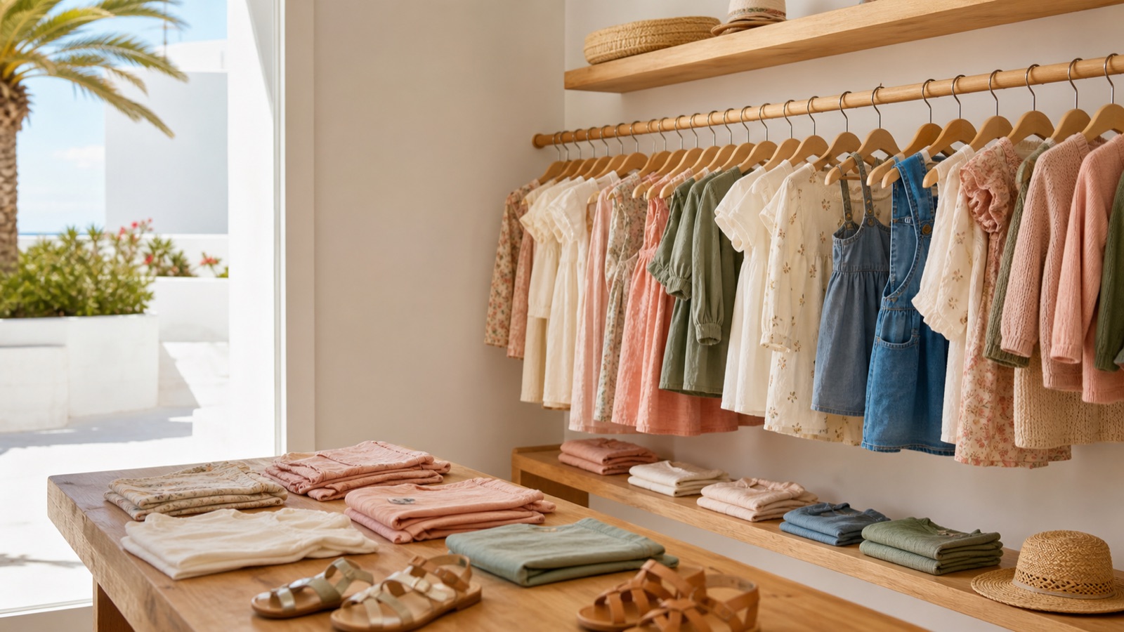 Perchero de moda infantil en una boutique luminosa de estilo canario