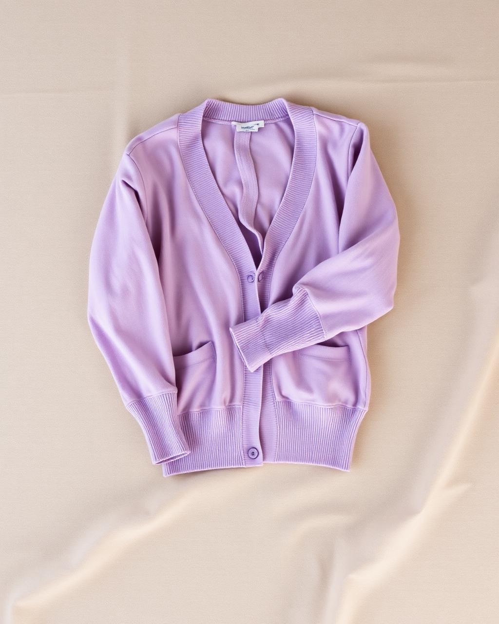 Cardigan lila doblado sobre tela crema