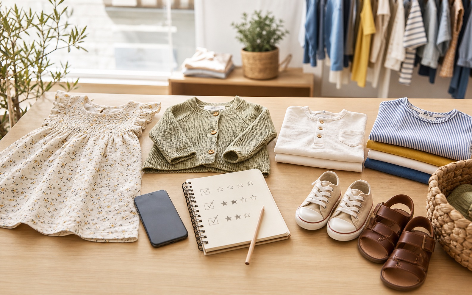 Mesa de boutique infantil con vestido, cárdigan, camisetas, zapatos y libreta de valoraciones para comparar tiendas en Las Palmas